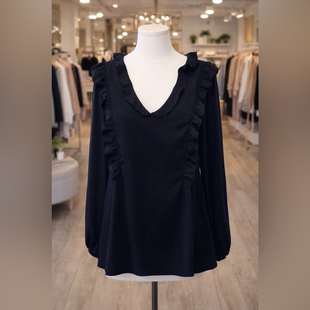 Ann Taylor Crepe Ruffled V-Neck Blouse